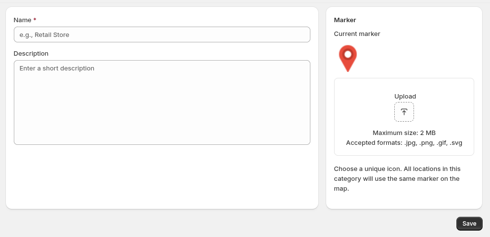 Add Category form with name, description, and marker selection.
