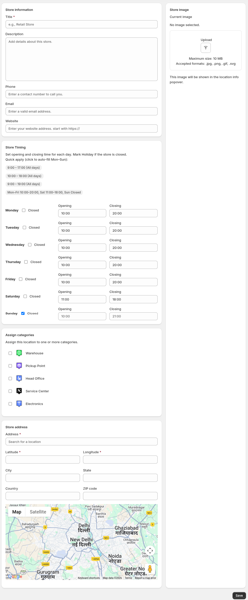 Add Location form showing store timing and category assignment.