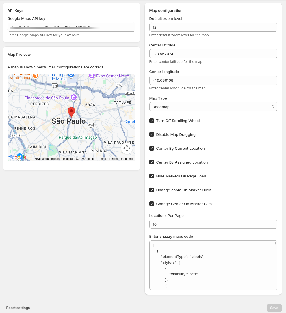 Settings page showing the Google Maps API key field and map preview.